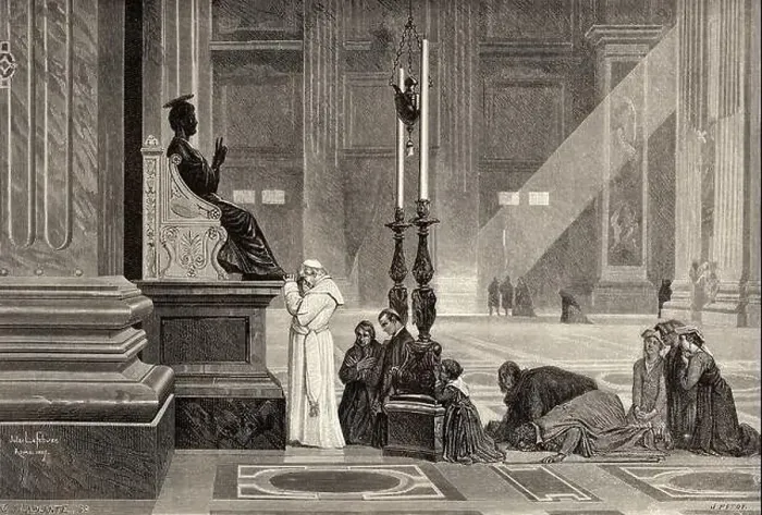 Framed Print : Pope Pius IX at the foot of the statue of St Peter Framed Print : Pope Pius IX at the foot of the statue of St Peter
