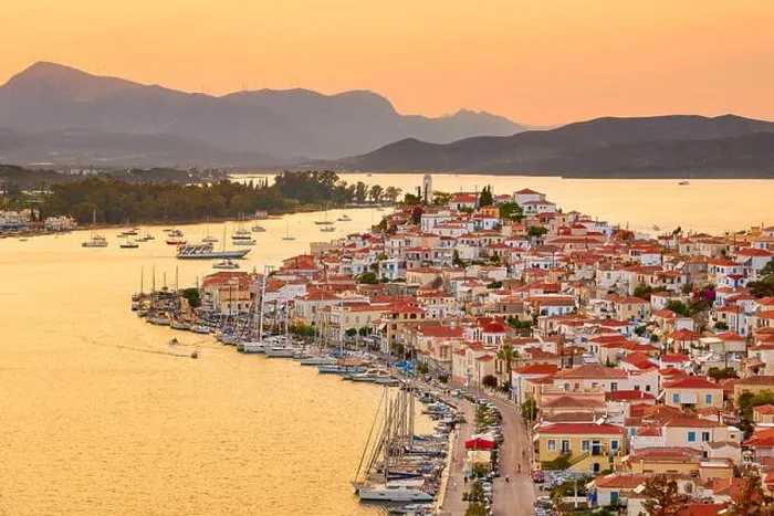 Framed Print : Poros Island, at sunset time, Argolida, Peloponnese, Greece