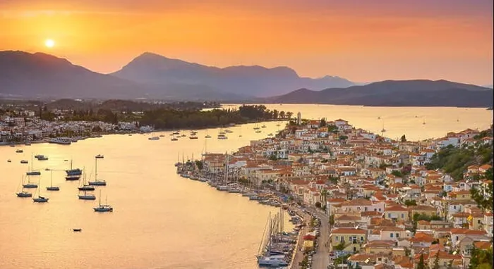 Framed Print : Poros Island at sunset time, Argolida, Peloponnese, Greece Framed Print : Poros Island at sunset time, Argolida, Peloponnese, Greece