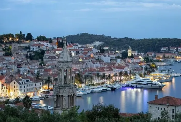 Framed Print : Port of Hvar with the view on old part of the city after sunset Framed Print : Port of Hvar with the view on old part of the city after sunset