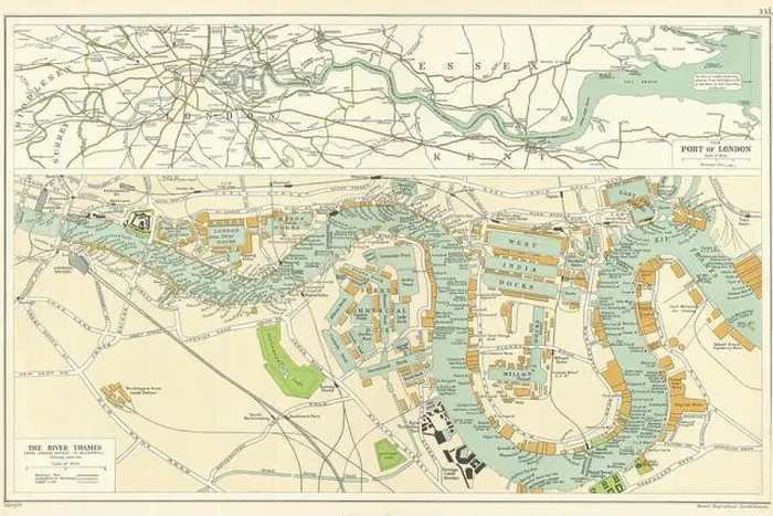Framed Print : THE PORT OF LONDON showing wharves & docks. Thames. Vintage map. BACON 1919 Framed Print : THE PORT OF LONDON showing wharves & docks. Thames. Vintage map. BACON 1919