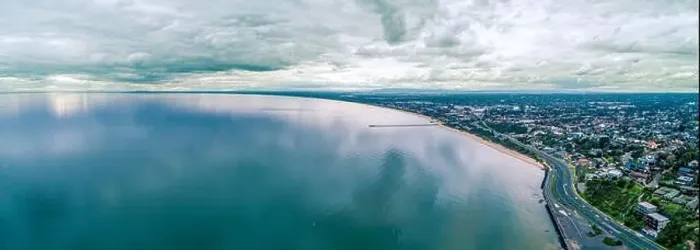 Framed Print : Port Phillip Bay coastline near Frankston suburb in Melbourne, Australia - wide aerial panorama Framed Print : Port Phillip Bay coastline near Frankston suburb in Melbourne, Australia - wide aerial panorama