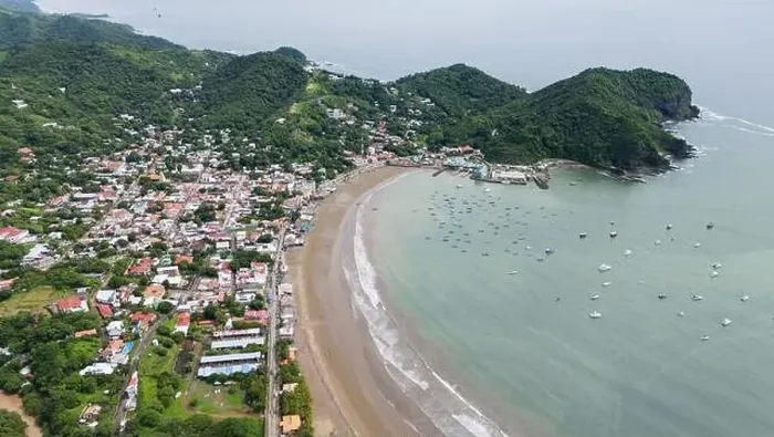 Framed Print : Port pier in bay San juan Del Sur town panorama aerial drone view Framed Print : Port pier in bay San juan Del Sur town panorama aerial drone view