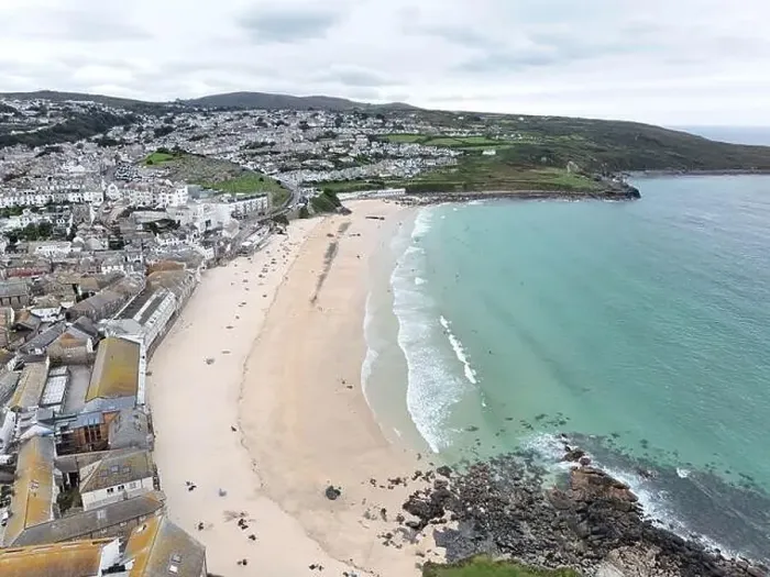 Framed Print : Porthmeor Beach St Ives Cornwall on calm summers day drone, aerial Framed Print : Porthmeor Beach St Ives Cornwall on calm summers day drone, aerial