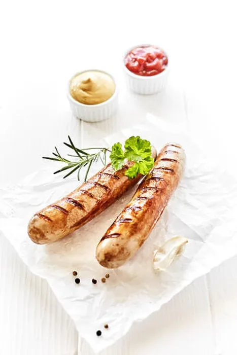 Framed Print : Portion of two grilled sausages served on white napkin with spices and fresh parsley on wooden white table Framed Print : Portion of two grilled sausages served on white napkin with spices and fresh parsley on wooden white table