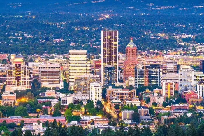 Framed Print : Portland, Oregon, USA downtown cityscape at twilight