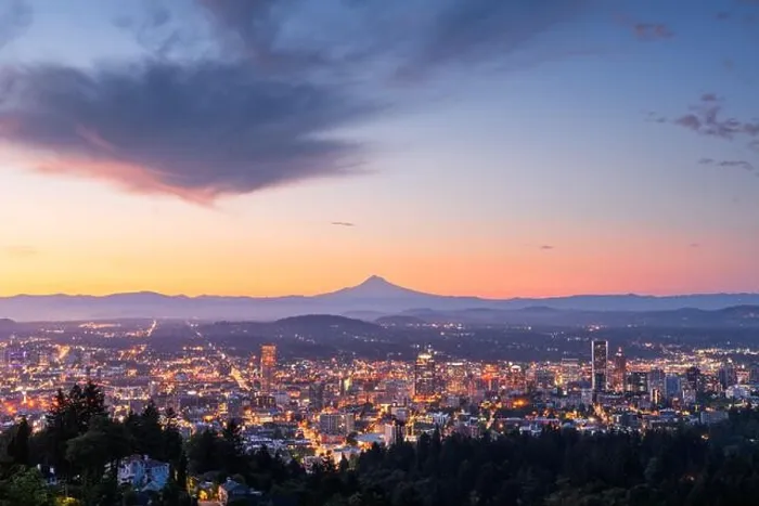 Framed Print : Portland, Oregon, USA skyline at dawn with Mt. Hood in the distance at dawn Framed Print : Portland, Oregon, USA skyline at dawn with Mt. Hood in the distance at dawn