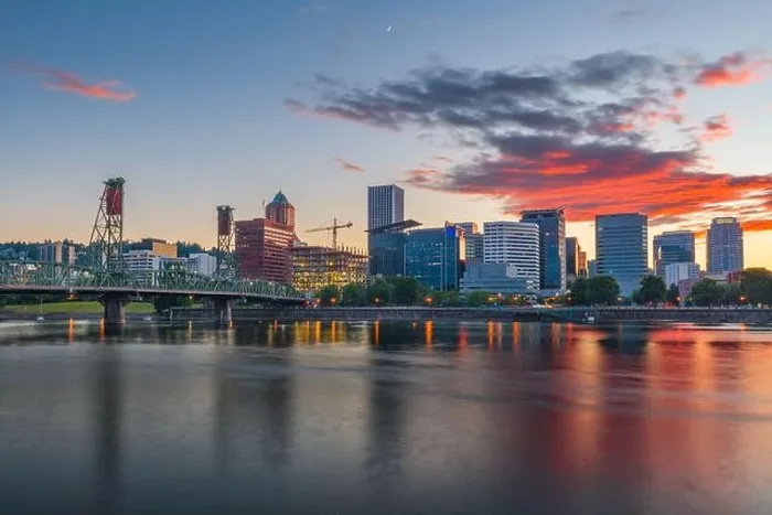 Framed Print : Portland, Oregon, USA skyline at dusk on the Willamette River
