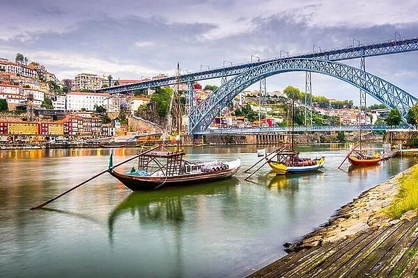 Porto, Portugal town view on the Douro River in the early evening