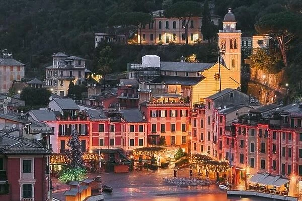 Portofino, Italy fishing village and commune in the Metropolitan City of Genova at dusk