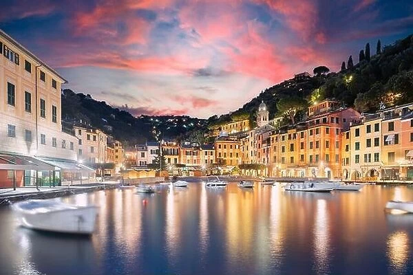 Portofino, Italy town skyline on the marina at twilight