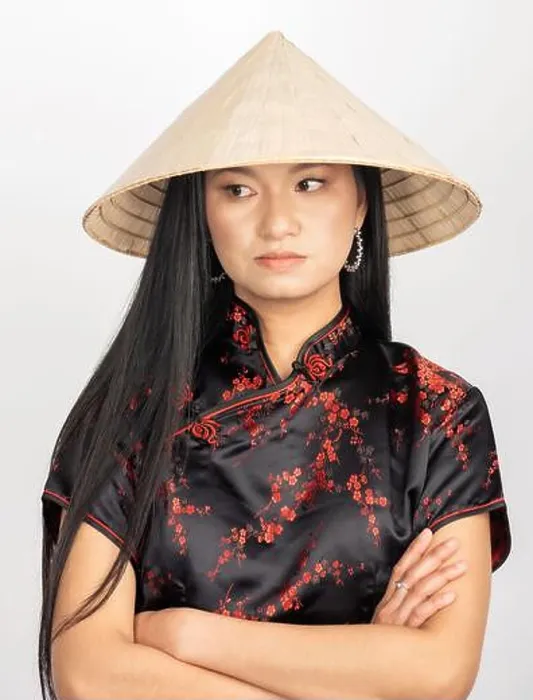 Framed Print : Portrait of Asian woman wearing cone-shaped Asian cane hat Framed Print : Portrait of Asian woman wearing cone-shaped Asian cane hat