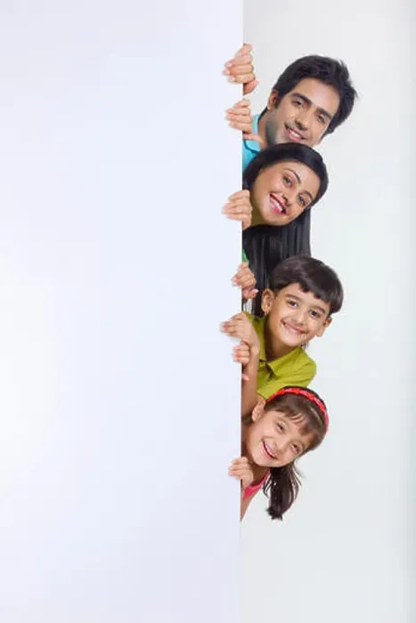 Framed Print : Portrait of family peeking behind white board Framed Print : Portrait of family peeking behind white board