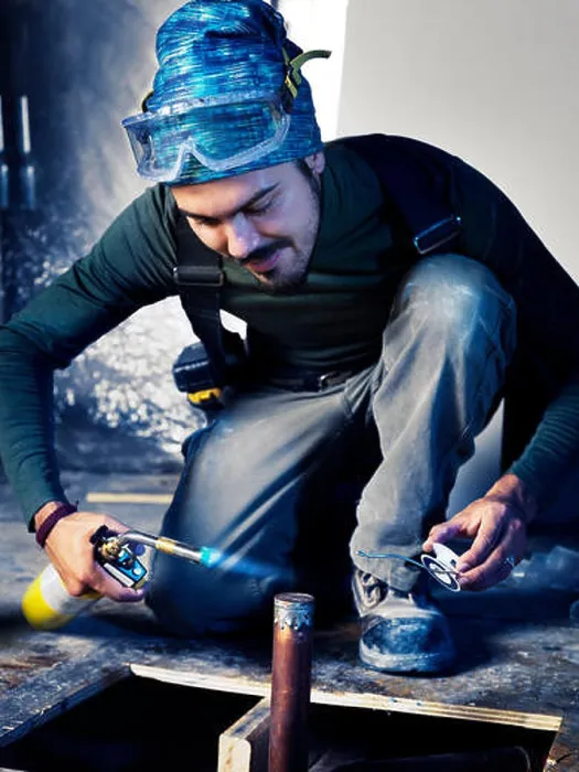 Framed Print : Portrait of man contractor worker with a blow torch capping a pipe doing plumbing Framed Print : Portrait of man contractor worker with a blow torch capping a pipe doing plumbing