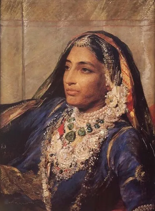 Framed Print : Portrait of Rani Jind Kaur. Jind Kaur aka Jindan, the wife on Maharaja Ranjit Singh, a very well known Sikh emperor of Punjab. 1863 (see [1])