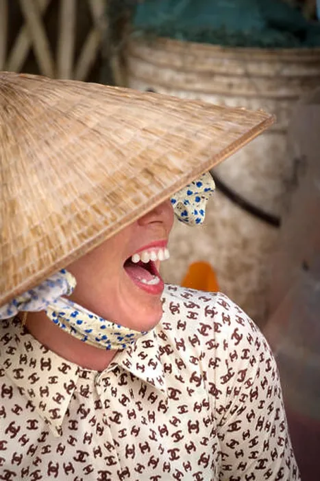 Framed Print : Portrait of Woman with traditional conical hat, Vietnam