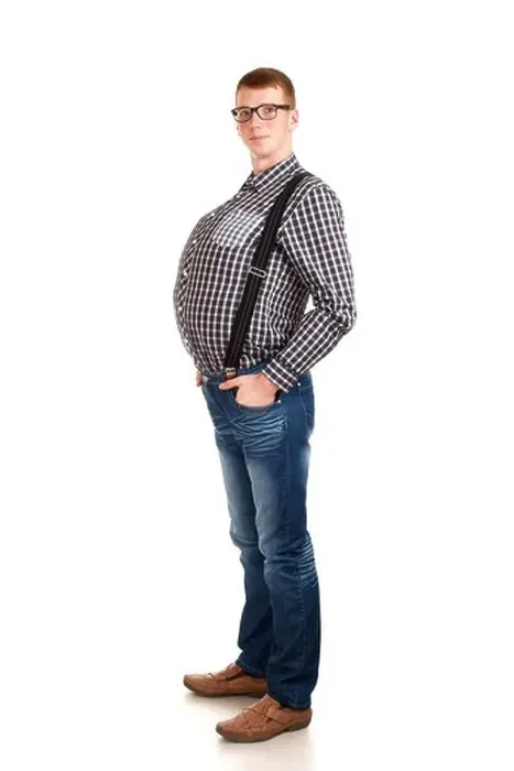 Framed Print : Portrait of young man with big belly