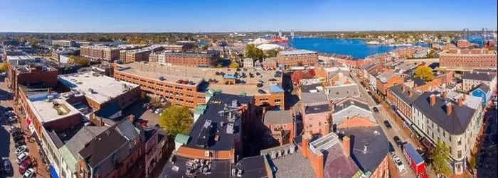 Framed Print : Portsmouth historic downtown aerial view at Market Street with historic buildings Framed Print : Portsmouth historic downtown aerial view at Market Street with historic buildings