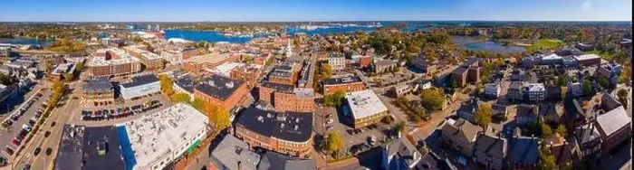 Framed Print : Portsmouth historic downtown panoramic aerial view at Market Square with historic buildings Framed Print : Portsmouth historic downtown panoramic aerial view at Market Square with historic buildings