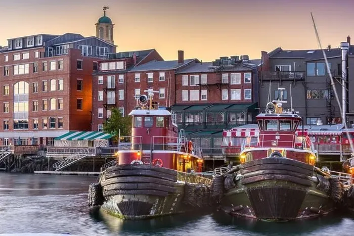 Framed Print : Portsmouth, New Hampshire, USA town cityscape with tugboats in the morning Framed Print : Portsmouth, New Hampshire, USA town cityscape with tugboats in the morning