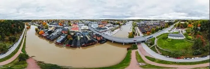 Framed Print : Porvoo, Finland - 2 October 2019: Panoramic aerial autumn view of old town of Porvoo, Finland Framed Print : Porvoo, Finland - 2 October 2019: Panoramic aerial autumn view of old town of Porvoo, Finland