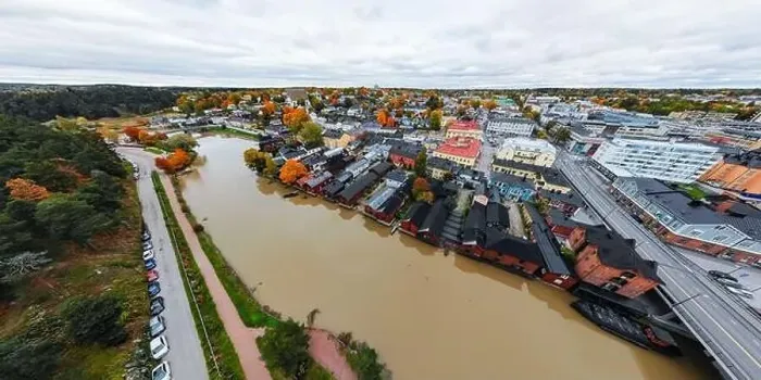 Framed Print : Porvoo, Finland - 2 October 2019: Panoramic aerial autumn view of old town of Porvoo, Finland Framed Print : Porvoo, Finland - 2 October 2019: Panoramic aerial autumn view of old town of Porvoo, Finland