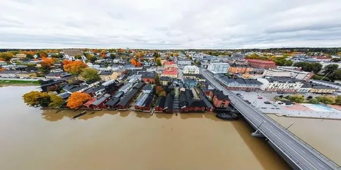 Framed Print : Porvoo, Finland - 2 October 2019: Panoramic aerial autumn view of old town of Porvoo, Finland Framed Print : Porvoo, Finland - 2 October 2019: Panoramic aerial autumn view of old town of Porvoo, Finland