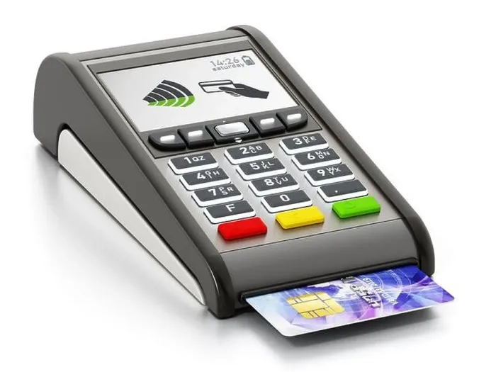 Framed Print : POS machine and credit card isolated on white background. 3D illustration
