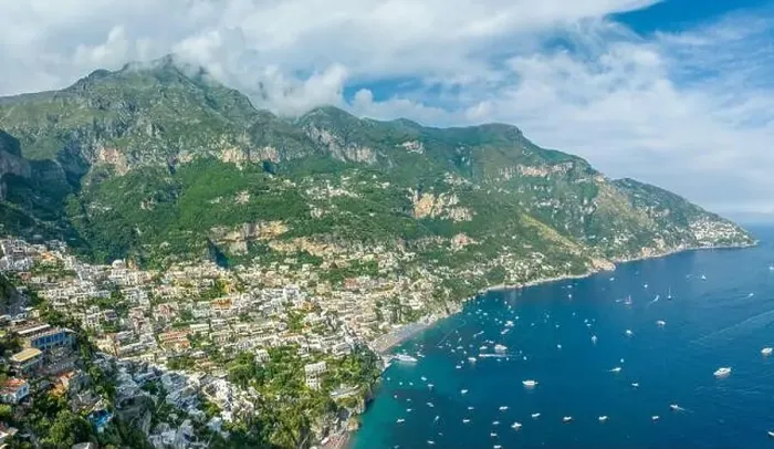 Framed Print : Positano iconic cliffside village cascades to the Amalfi Coast azure waters