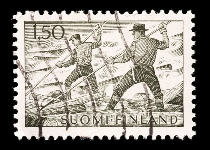 Framed Print : Postage stamp from Finland depicting log floating in the lumber industry Framed Print : Postage stamp from Finland depicting log floating in the lumber industry