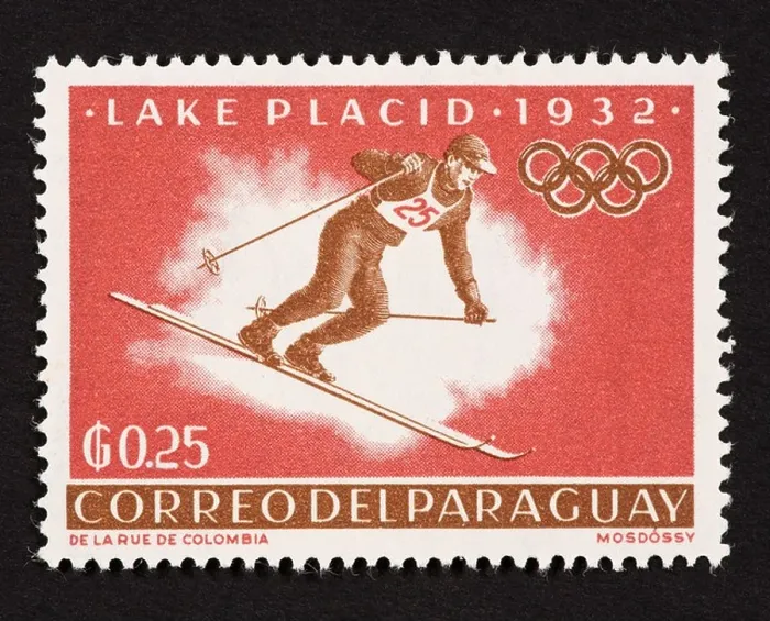 Framed Print : Postage stamp from Paraguay depicting a downhill skier in the 1932 Winter Olympics in Lake Placid, New York Framed Print : Postage stamp from Paraguay depicting a downhill skier in the 1932 Winter Olympics in Lake Placid, New York