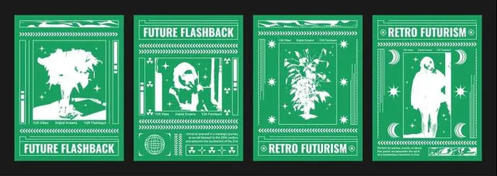 Framed Print : Poster design template in cyberpunk y2k style with bitmap images on green background Framed Print : Poster design template in cyberpunk y2k style with bitmap images on green background