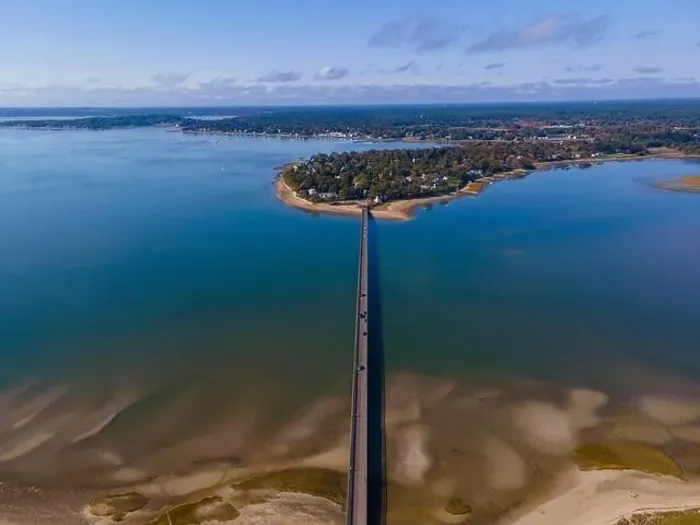 Framed Print : Powder Point Bridge aerial view connects Long Island and Duxbury in town of Duxbury, Massachusetts MA, USA Framed Print : Powder Point Bridge aerial view connects Long Island and Duxbury in town of Duxbury, Massachusetts MA, USA