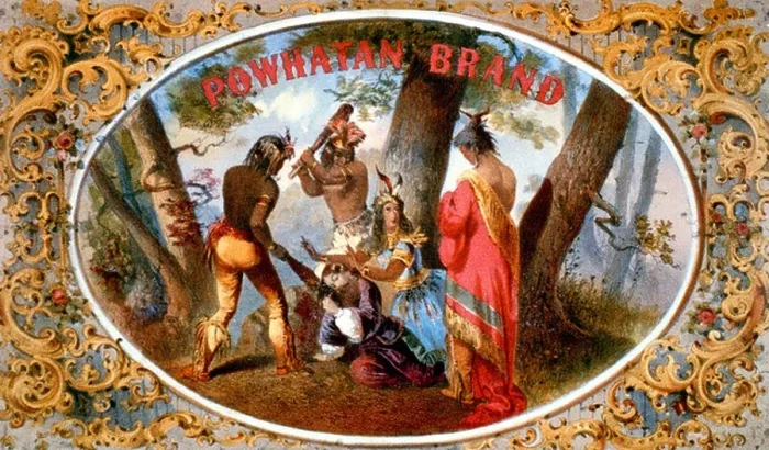 Framed Print : Powhatan brand - Tobacco package label showing Pocahontas coming to the defense of Capt. John Smith and appealing to her father, Chief Powhatan Framed Print : Powhatan brand - Tobacco package label showing Pocahontas coming to the defense of Capt. John Smith and appealing to her father, Chief Powhatan
