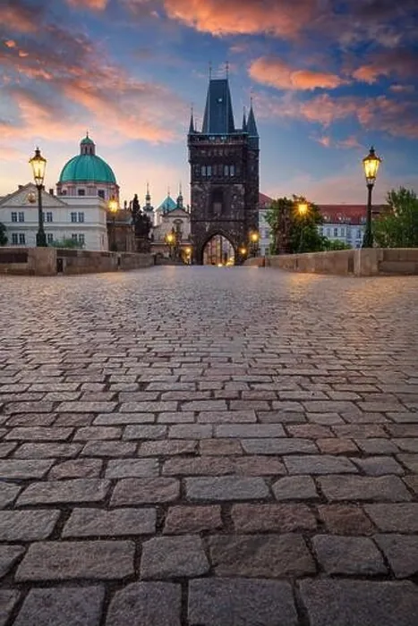 Framed Print : Prague, Charles Bridge. Cityscape image of iconic Charles Bridge with Old Town Bridge Tower in Prague, Czech Republic at sunrise
