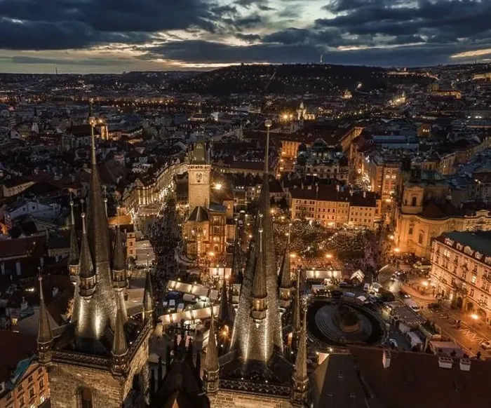Framed Print : Prague, Czech Republic - Aerial drone view of the famous illuminated Church of our Lady Before Tyn towers at blue hour