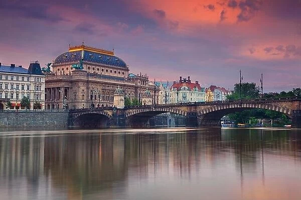 Prague. Image of Prague riverside with reflection of the city in Vltava River