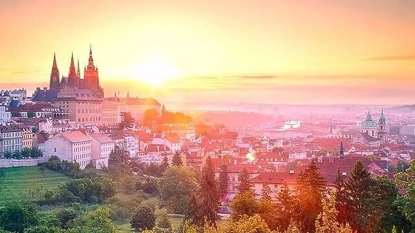 Prague Panorama. Aerial cityscape image of Prague, capital city of Czech Republic with St. Vitus Cathedral during summer sunrise