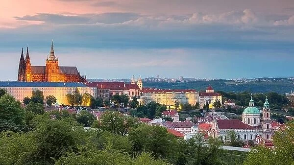 Prague. Panoramic aerial cityscape image of Prague, capital city of Czech Republic with St. Vitus Cathedral and Castle District during summer sunset