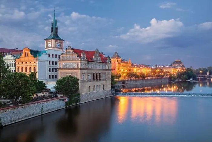 Framed Print : Prague Riverside. Cityscape image of Prague riverside with Old Town Water Tower at twilight blue hour Framed Print : Prague Riverside. Cityscape image of Prague riverside with Old Town Water Tower at twilight blue hour