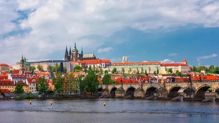 Framed Print : Prague scenic spring view of the Prague Old Town pier architecture Charles Bridge over Vltava river in Prague