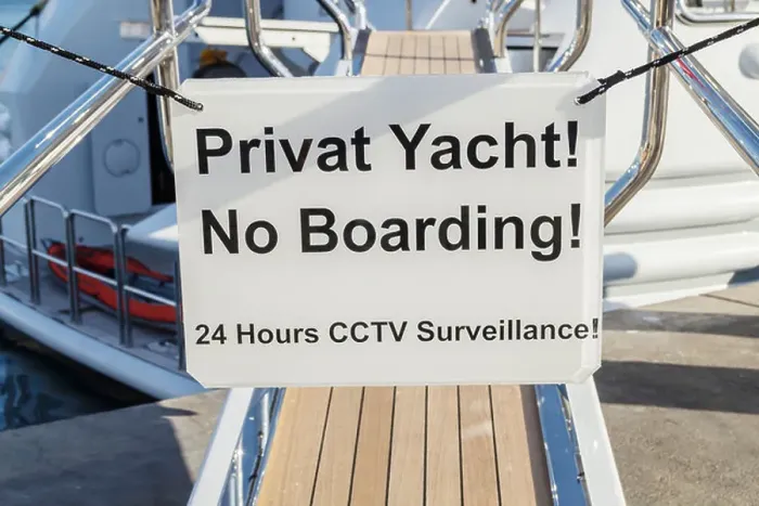 Framed Print : Privat yacht no boarding sign on luxury yacht in Spain Framed Print : Privat yacht no boarding sign on luxury yacht in Spain