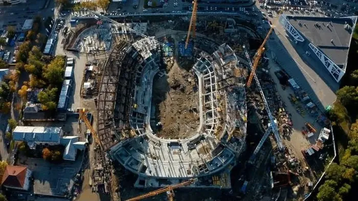 Framed Print : Process of building a stadium, aerial top view Framed Print : Process of building a stadium, aerial top view