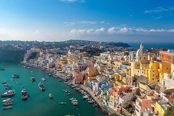 Procida, Italy old town skyline in the Mediterranean in the afternoon