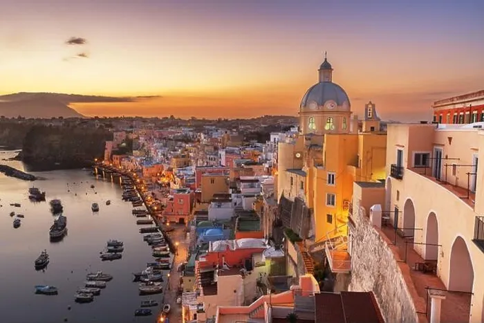 Framed Print : Procida, Italy old town skyline in the Mediterranean Sea during dusk Framed Print : Procida, Italy old town skyline in the Mediterranean Sea during dusk