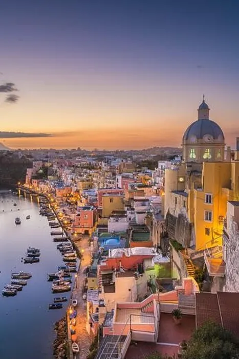 Framed Print : Procida, Italy old town skyline in the Mediterranean Sea during dusk Framed Print : Procida, Italy old town skyline in the Mediterranean Sea during dusk