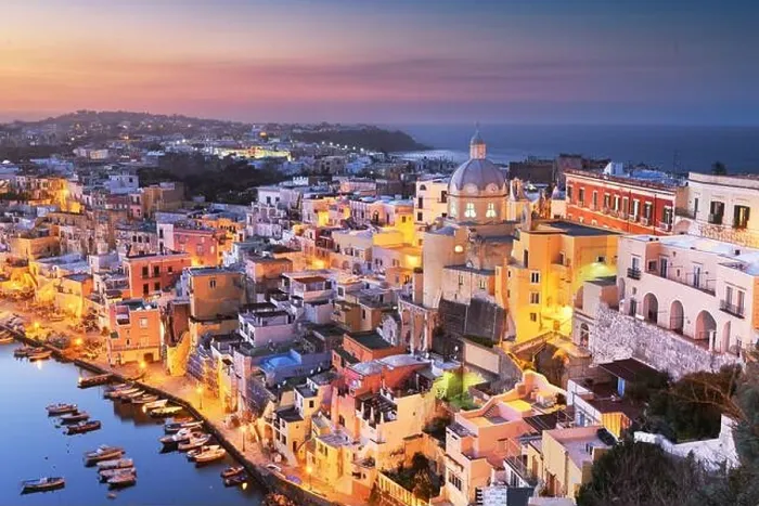 Framed Print : Procida, Italy old town skyline in the Mediterranean Sea during dusk Framed Print : Procida, Italy old town skyline in the Mediterranean Sea during dusk