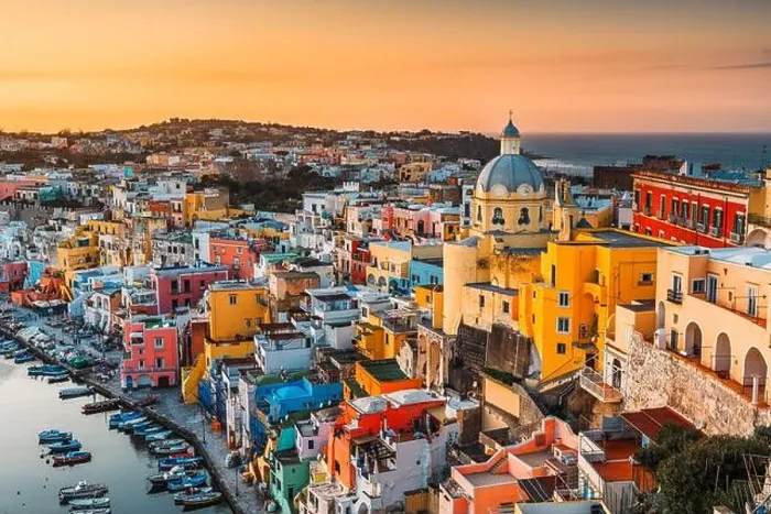 Framed Print : Procida, Italy old town skyline in the Mediterranean Sea during dusk Framed Print : Procida, Italy old town skyline in the Mediterranean Sea during dusk