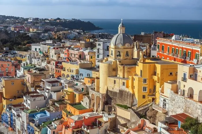 Framed Print : Procida, Italy old town skyline in the Mediterranean Sea during dusk Framed Print : Procida, Italy old town skyline in the Mediterranean Sea during dusk