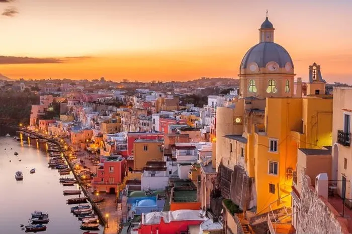 Framed Print : Procida, Italy old town skyline in the Mediterranean Sea during dusk Framed Print : Procida, Italy old town skyline in the Mediterranean Sea during dusk